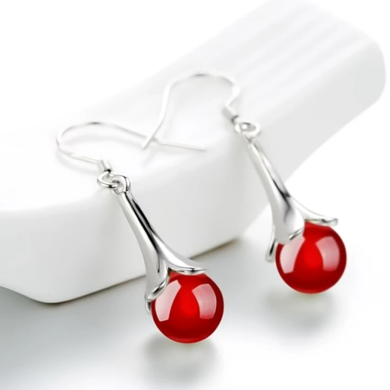 Серьги подвески женские с белым опалом Висячие круглые украшения для ушей в