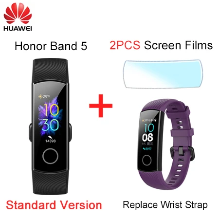 Huawei Honor Band 5 оксиметр фитнес-трекер умный Браслет Сенсорный экран монитор сердечного ритма во время сна Глобальный язык для мужчин и женщин - Цвет: Band5 Add Strap Film