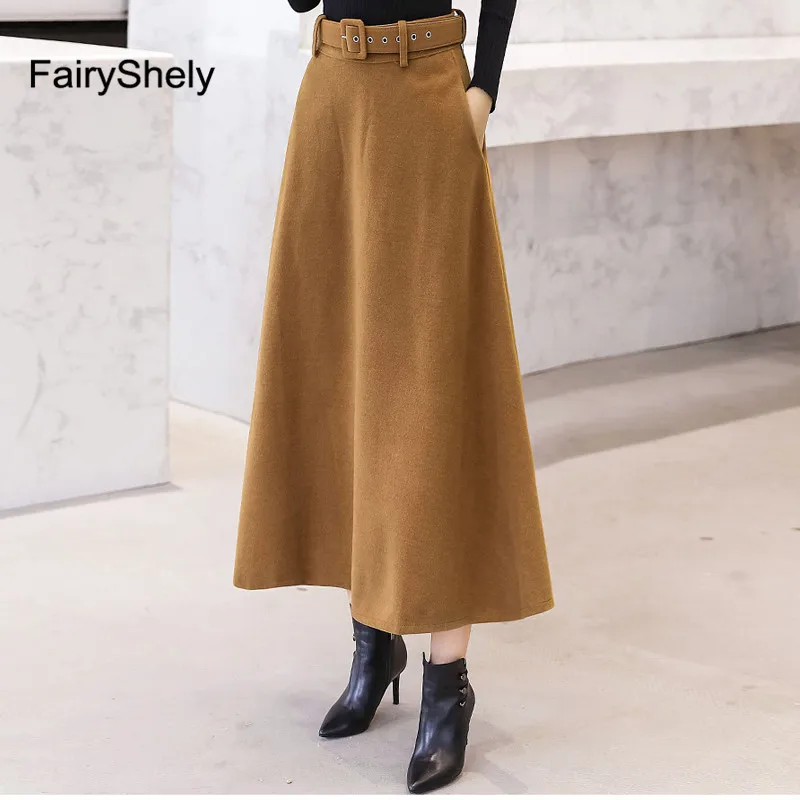FairyShely,, шерстяная плиссированная длинная юбка для женщин, Осень-зима, эластичная лента, высокая талия, Теплая юбка, красное вино, макси, офисная юбка