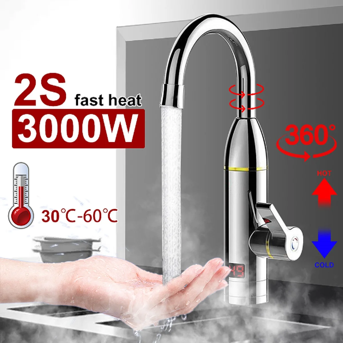 Grifo de calefacción instantánea para cocina de 220V y 3000W, calentador de agua fría y caliente de doble uso, grifo de calefacción rápida, ducha con pantalla LED