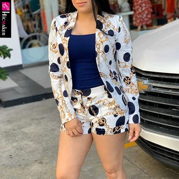 

Women Vinatge Chain Printed Blazer Top and Shorts Set Elegant Office Ladies Suits Women Elegant Workwear