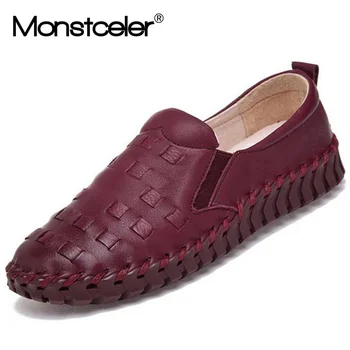 

Monstceler Spring New Cowhide Leather Women Handmade Shoes Knitted Comfortable Women Designer Sneaker Loafers
