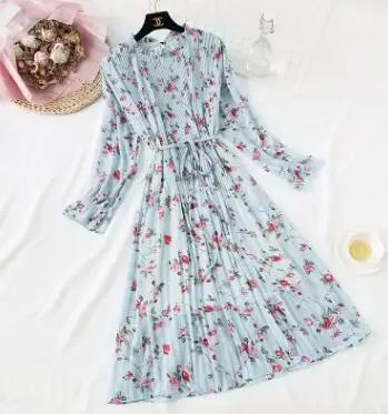 Небесно-голубой Vintage Chiffon Floral Midi Dress Plus Size Maxi Boho Dresses Elegant Women Party Seven-quarter sleeve Dress Vestido QV749 - Цвет: Небесно-голубой