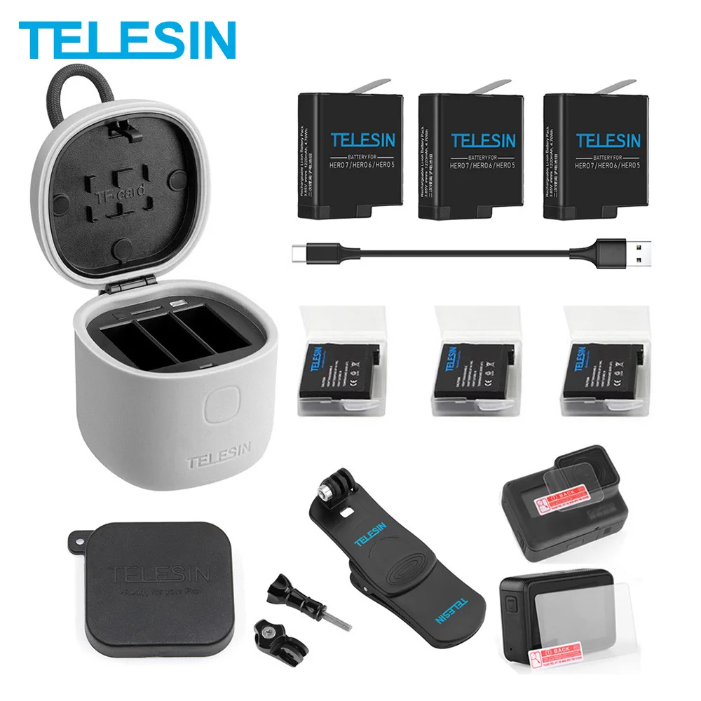 

TELESIN 3Pack Battery + 3 Slots Charger TF Card Reader Charging Storage Box Backpack Clip Lens Cap for Gopro Hero 8 7 6 5 Black