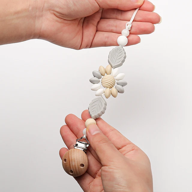 Baby Pacifier Chain Clips Dummy Holde Nipples Clips Silicone Teething Chain Teether Pacifier Chains Holder Chain Newborn Toy Rice gray