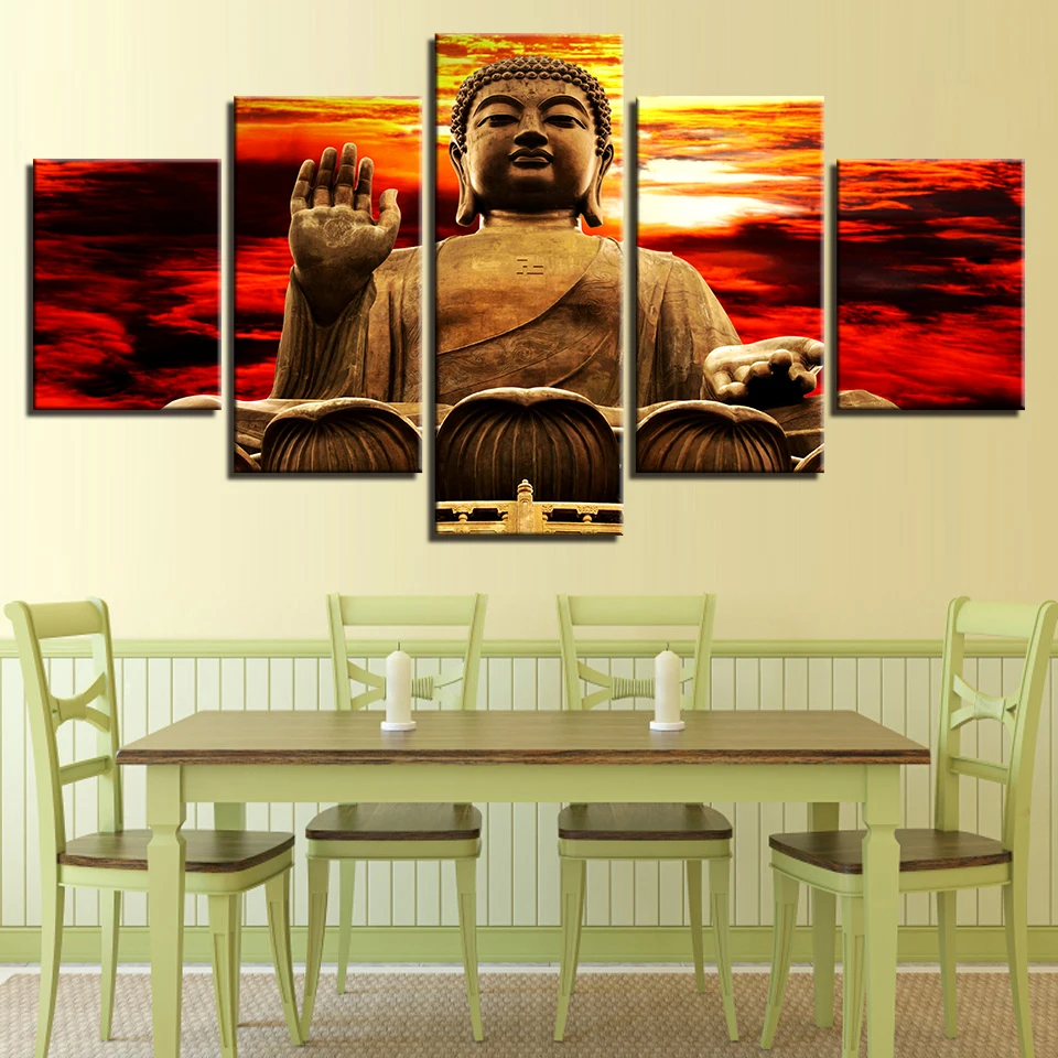 

Canvas Pictures Modular Living Room Decor Framework 5 Pieces Sunset Golden Buddha Statue Paintings Wall Art HD Prints Posters