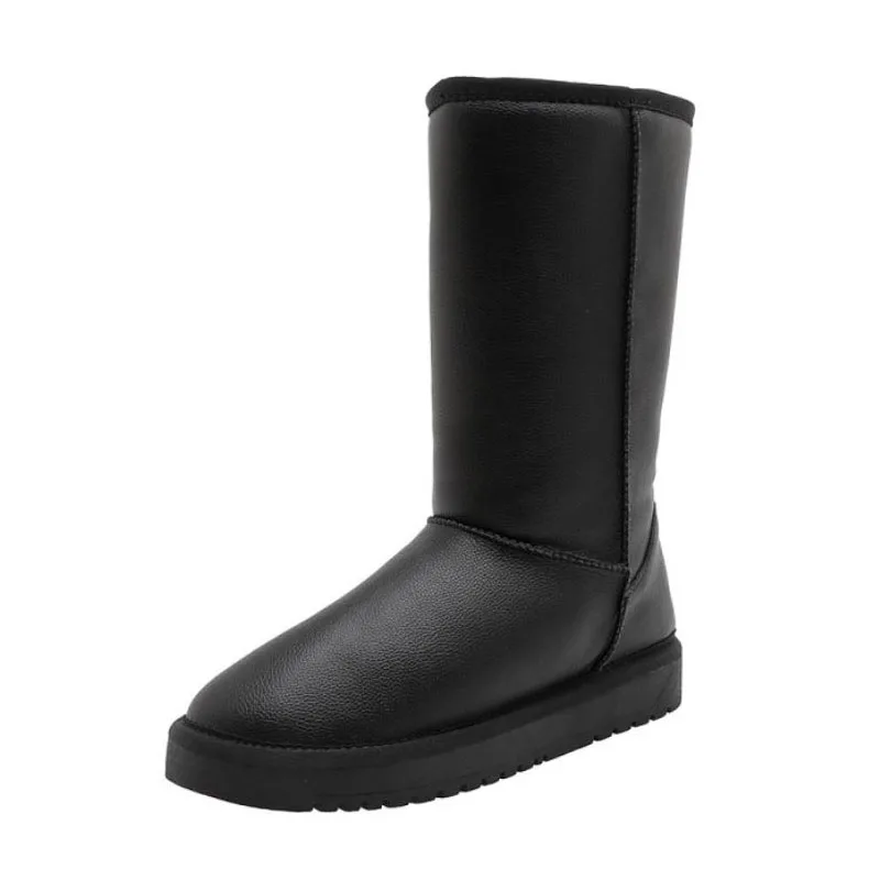 RizaBina Winter Warm Plush Snow Boots Women Real Leather Solid Color Round Toe Flats Shoes Outdoor Women Footwear Size 28-44 - Color: Black