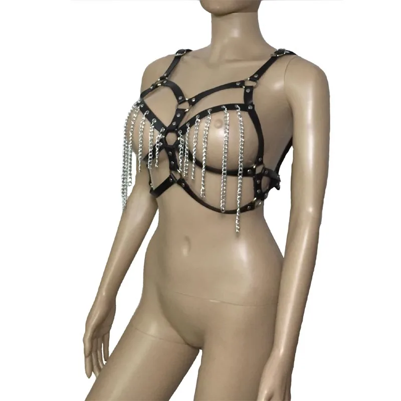 

Women Sexy Cupless Tassel Chain Breast Harness Top PU leather Strap Bodysuit Fetish Costume