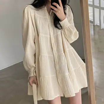 여성용 긴팔 드레스, 사랑스러운 단색 A 라인 프릴, 한국 살구 패션, 레트로 턴다운 칼라 의류, 봄