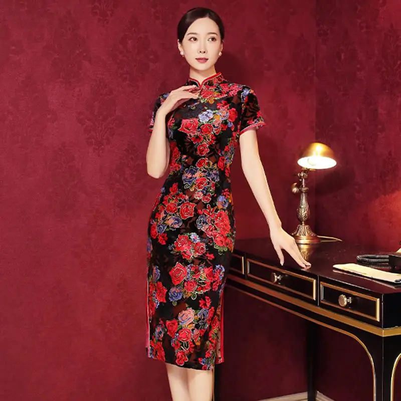 Изысканный китайский стиль Cheongsam леди Мандарин воротник короткий рукав Qipao с цветочным принтом длинное винтажное вечернее платье 3XL 4XL - Цвет: Black
