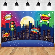 

Superhero Super City Skyline Building Backdrop Baby Shower Boy 1st Birthday Party Skyscraper Cityscape Traffic Light Background