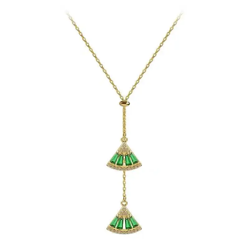 2021 New Classic Green Crystal Fan Pendant Necklace For Woman Fashion Korean Jewelry Party Girl's Sexy Collar Chain Necklace - Image 6
