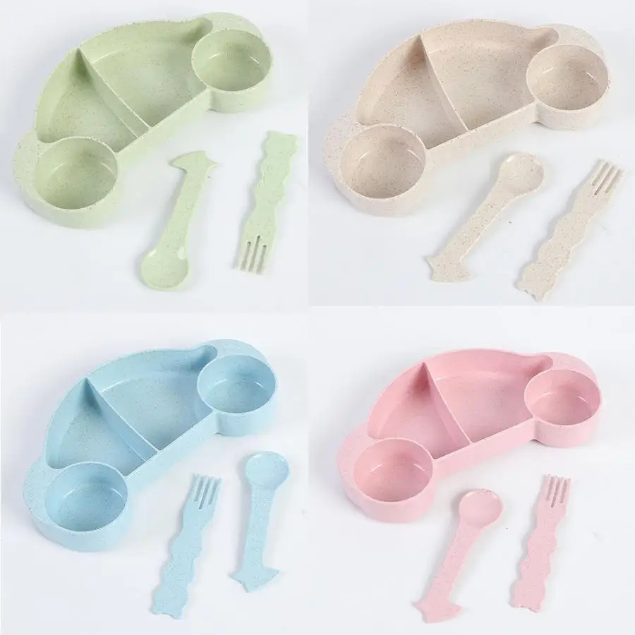 3PCS Wheat Straw Plastic Bowl Tableware Set Baby Dishes Kids Dinner Plate Eating Dinnerware Cartoon Fork Spoon Fruit | Мать и ребенок