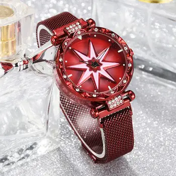 

Luxury Women Watch Creative Flower Dial Leather Ladies Watch Red Fashion Exquisite Geometric Quartz Watch Relogio Feminino/Wrist