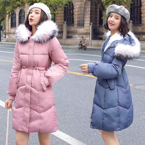 

2019 Winter New Fashion Big Code Female Cotton Padded Clothes Thick Temperament Refreshing Keep Warm Pink Student Long Parkas