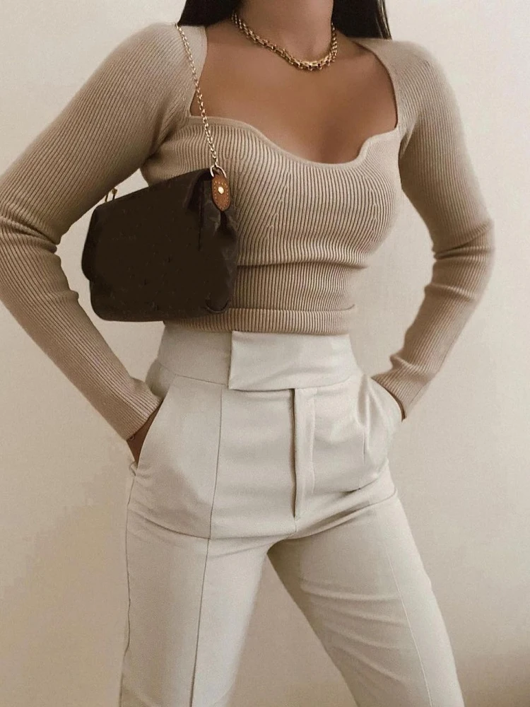 

Stylish Chic Beige Knitted Cropped Blouses Women 2021 Fashion Sexy Square Collar Shirts Girls Streetwear Casual Tops
