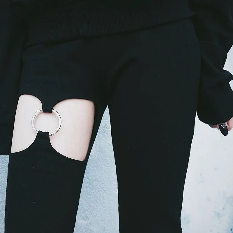 Готические темно-гранж винтажные готические брюки для женщин эстетические осенние панковские выдолбленные женские брюки на молнии обтягивающие модные кольца