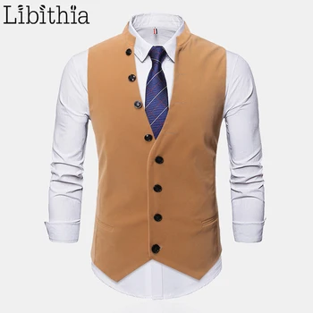 

Men's SolId Colors Suit Vest Stand Collar Buttons Casual Sleeveless Vests Fashion Khaki Black Blue Clothes Male A136