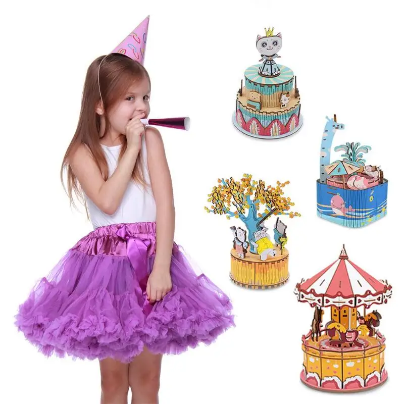 DIY Wood Music Box Carousel Birthday Gift Toy with Machine Core Home Decor