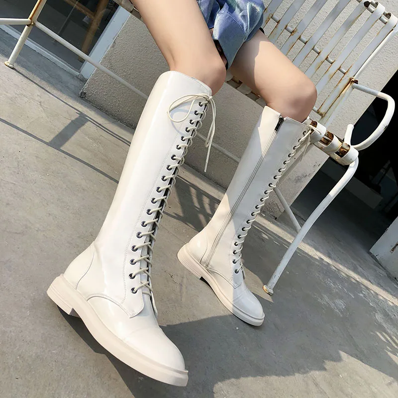 Buono Scarpe/женские высокие ботинки на шнуровке с круглым носком; женские белые ботинки из лакированной натуральной кожи; повседневные кожаные ботинки; Botas Mujer chaussures femme