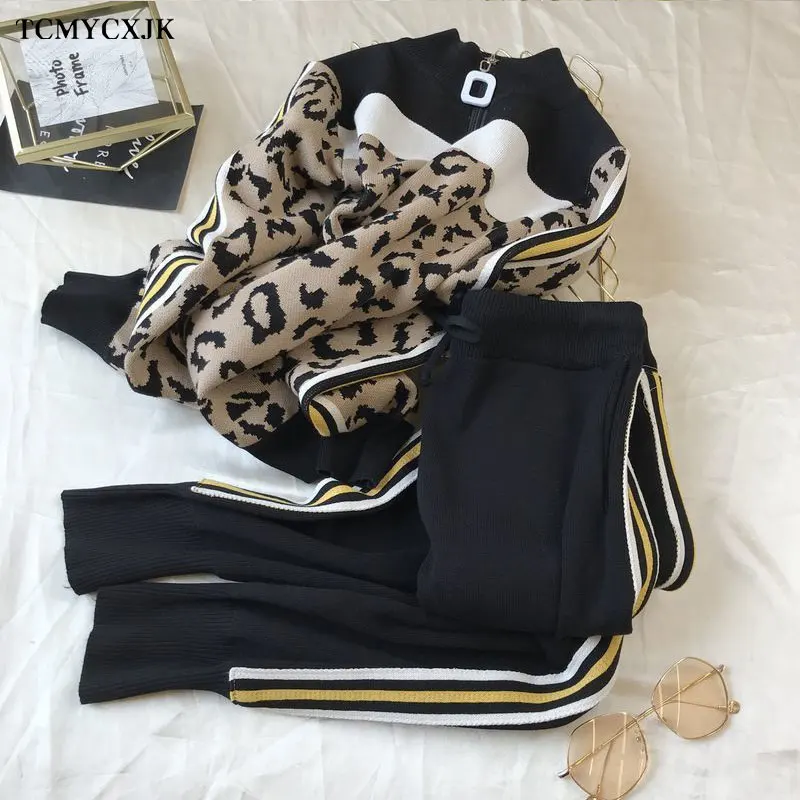 2022 Spring And Autumn New Sports And Leisure Women's Suit Leopard Knit Cardigan Sweater Jacket Two-piece Suits Pants Sportswear matching lounge set