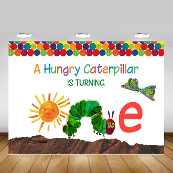 

Cartoon 1st Birthday Party Backdrop A Hungry Caterpillar is Turning One Dessert Table Photography Background Sunshine Butterfly
