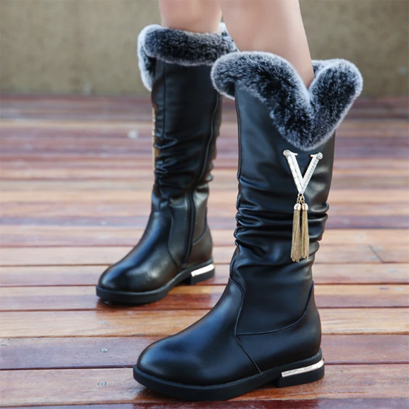 Детские зимние сапоги обувь для девочек Сапоги выше колена кисточка натуральная кожа детская обувь принцессы плюс бархатные теплые ботинки для девушек - Цвет: thin velvet black