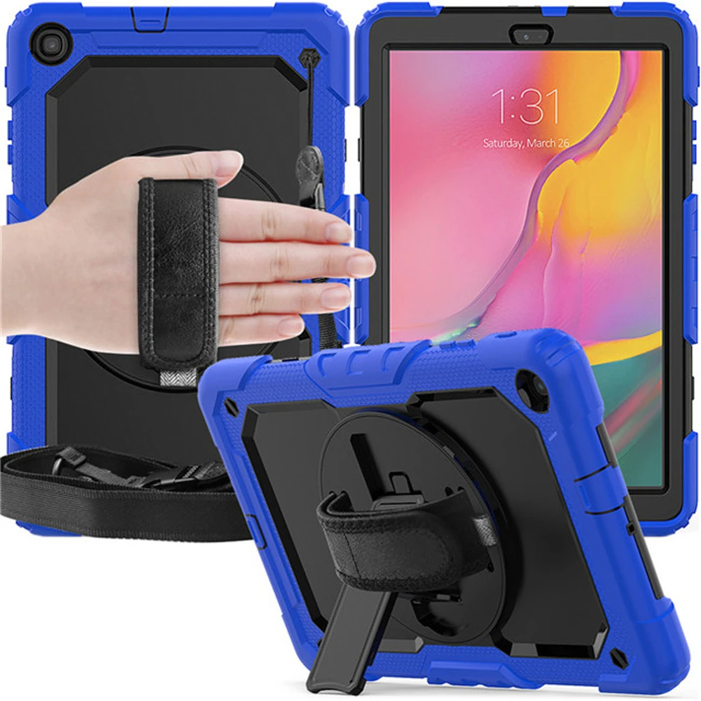 Вращающийся на 360 градусов чехол-подставка для samsung Galaxy Tab A 10,1 SM-T510 SM-T515 гибридный защитный чехол для планшета с плечевым ремнем+ пленка+ ручка - Цвет: Dark blue