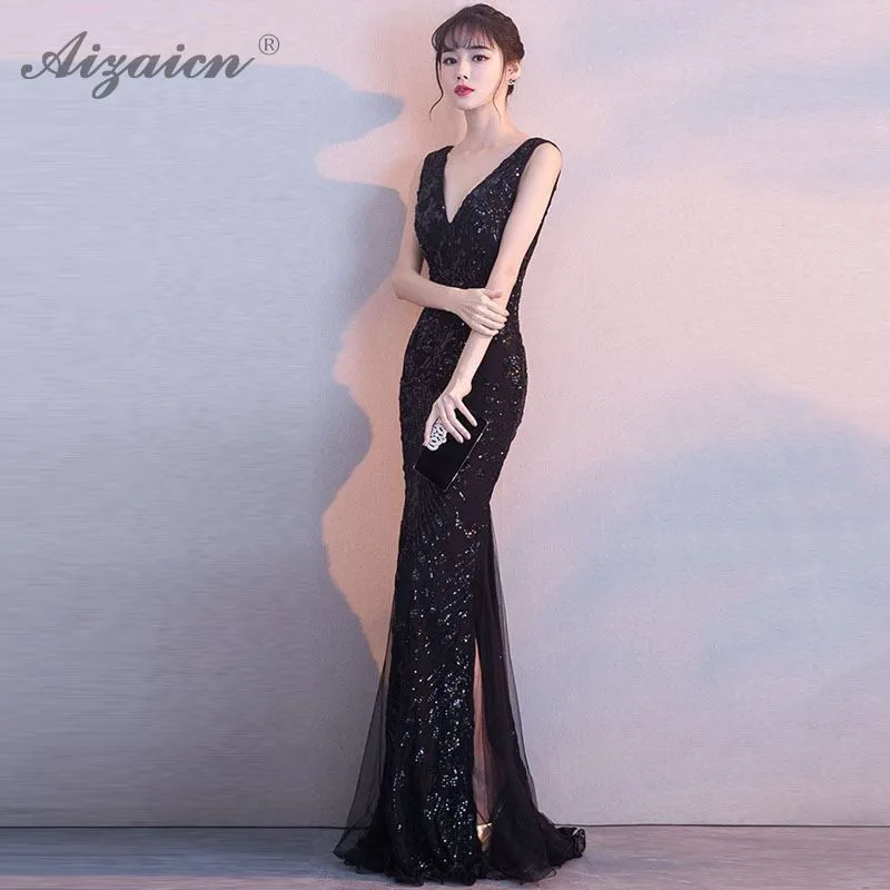 Черные вечерние платья с глубоким v-образным вырезом Qipao Promtion Cheongsam современные Вечерние платья Русалка Qi Pao женское китайское платье халат