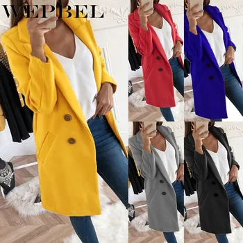 

WEPBEL Winter Woolen Coat Women Lapel Neck Jacket Ladies Pure Color Long Coat Button Woolen Overcoat Female Blazers Body Suits