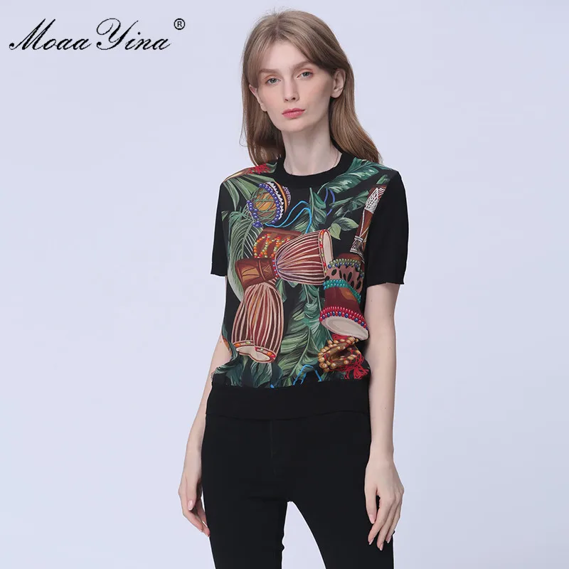 MoaaYina Fashion Short sleeve Black Knitting Tops Women's Elegant Tribal musical instrument Print Silk Wool Sweater Pullovers | Женская