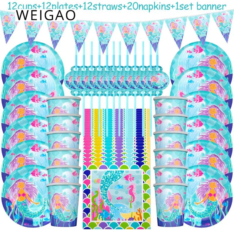 

WEIGAO Mermaid Party Disposable Tableware Set Mermaid Napkins Plates Cups Baby Girls Birthday Banner Party Decorations Supplies