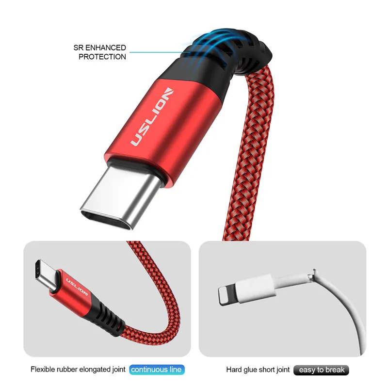 USLION 1 m/2 m usb type c кабель для Xiaomi Redmi Note 7 3A Быстрая зарядка USB C кабель для samsung Galaxy S10 S9 A50 type-C зарядное устройство