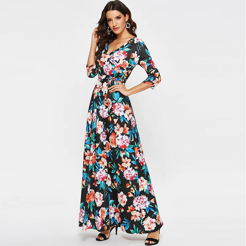 Женское длинное платье макси с цветочным принтом, Boho, свободное, Осеннее, с v-образным вырезом, с рукавом, с принтом, платье для девушек, Бандажное, длинное, Vestidos, платье-туника