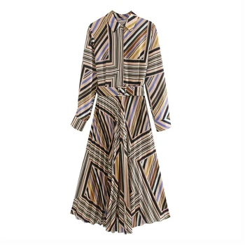 

Vintage Chic Stripe Printed Women Dress Fashion Long Sleeve With Belt Midi Dresses Draped Dress Vestidos