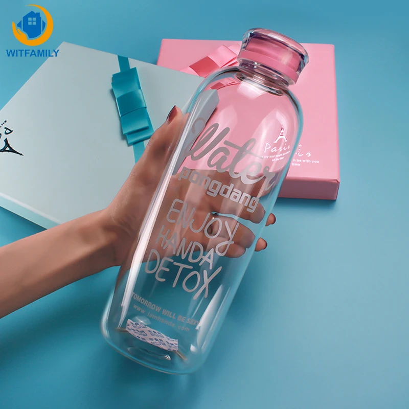 Online 600ml 1000ml botella de vidrio creativa estudiante portátil de gran capacidad encantadora botella de agua portátil de deporte transparente