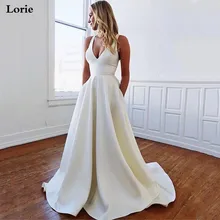Lorie A-Line атласные свадебные платья больших размеров с v-образным вырезом Свадебные платья Boho Vestidos Свадебные платья с большим бантом