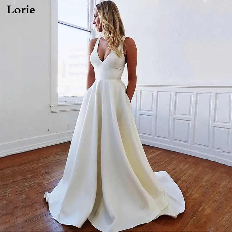 Lorie A-Line атласные свадебные платья размера плюс с v-образным вырезом Boho 2020 большим