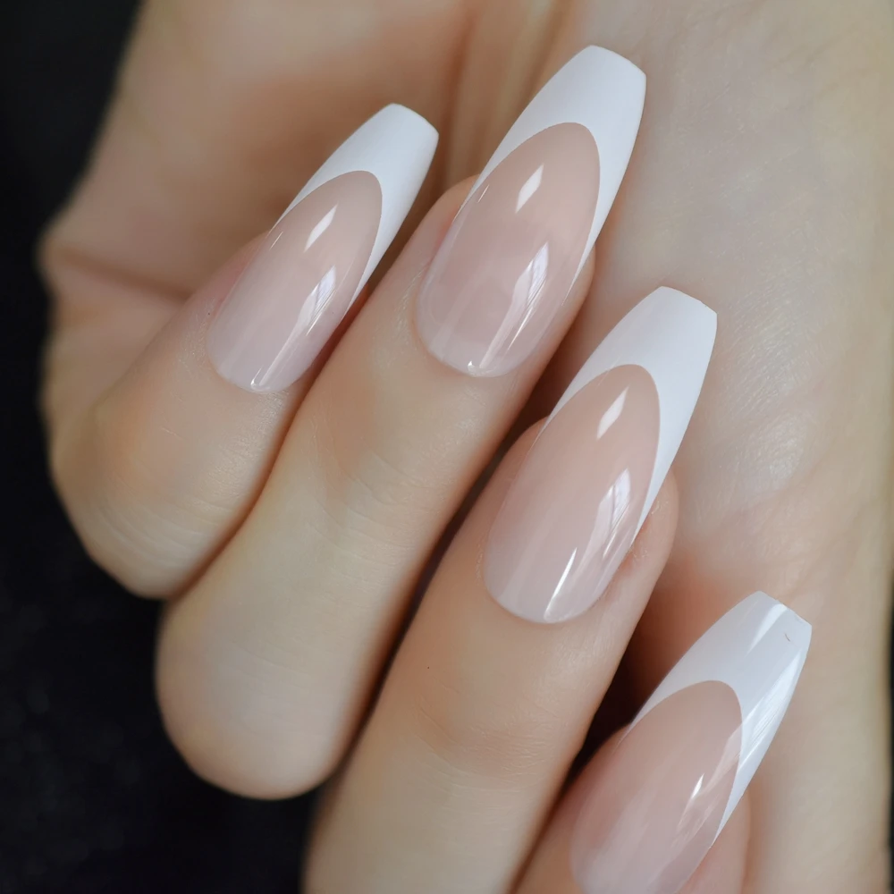 Длинные гроб французский наконечник мех Цвет телесный искусственный Ongles Белый