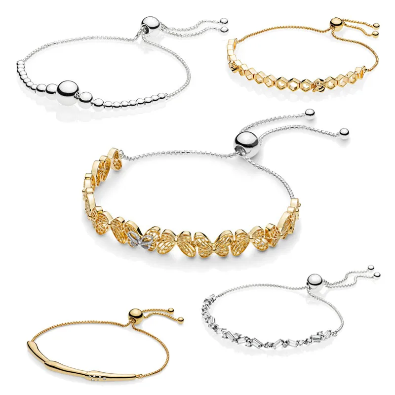

Original 925 Sterling Silver Flower Stem Butterfly String Of Beads Honeybee Pans Sliding Bracelet for Women Fine Jewelry Gift