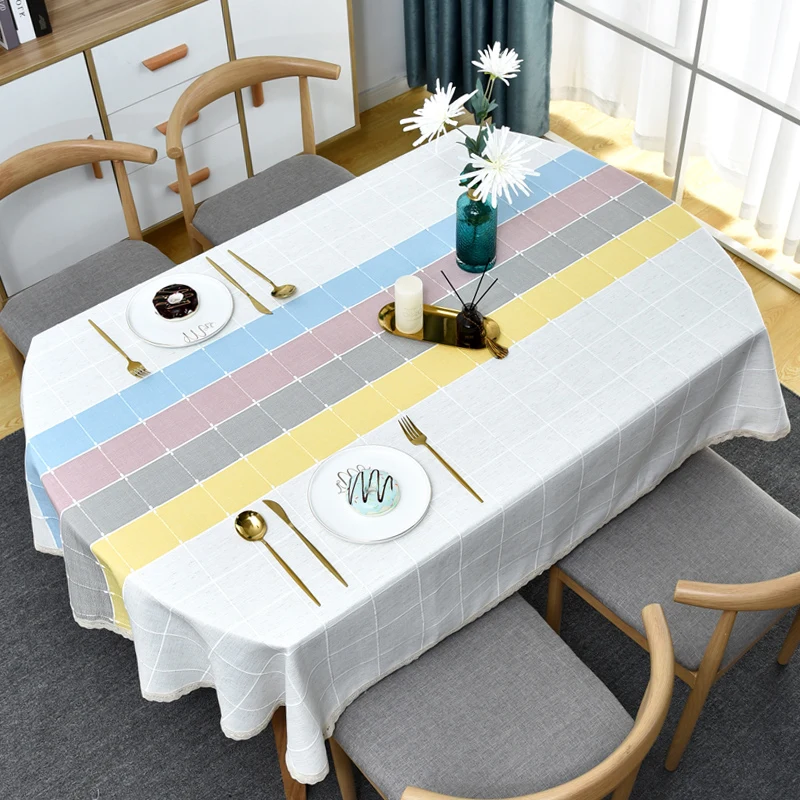 

high quality luxury cotton Linen melange lace selvage table cloth check strip Thick hotel Wedding Dining oval Table Cloth Cover