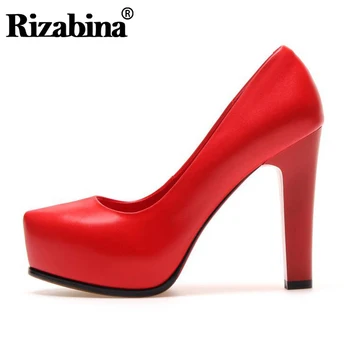 

RIZABINA New Women High Heel Shoes Genuine Leather Platform Sexy Round Toe Thick Heels Shoes Women Wedding Pumps Size 34-39
