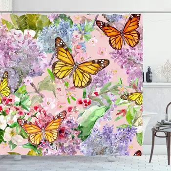 

Shower Curtain Set with Hooks 66x72 Inches Floral Leaf Pattern Spring Colorful Pink Plant Flowers Drawing Flower Butterflies