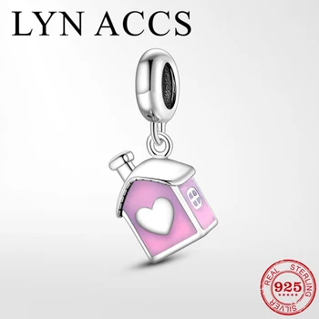 

New 925 Sterling Silver Pink Enamel A small house full of love Beads Pendant fit Original LYNACCS Charm Bracelet Jewelry Making
