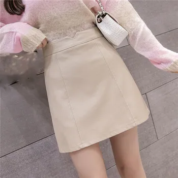 

2019 Women Simple Solid Pu Leather Mini Skirts Office Lady High Waist Skirts Elegant Concise A-Line Skirts