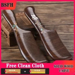 Woman Sandalwood Comb Golden Silk Sandalwood Long Handle Fine-tooth Painted Comb Anti-static Detangling Hair Care for Friends