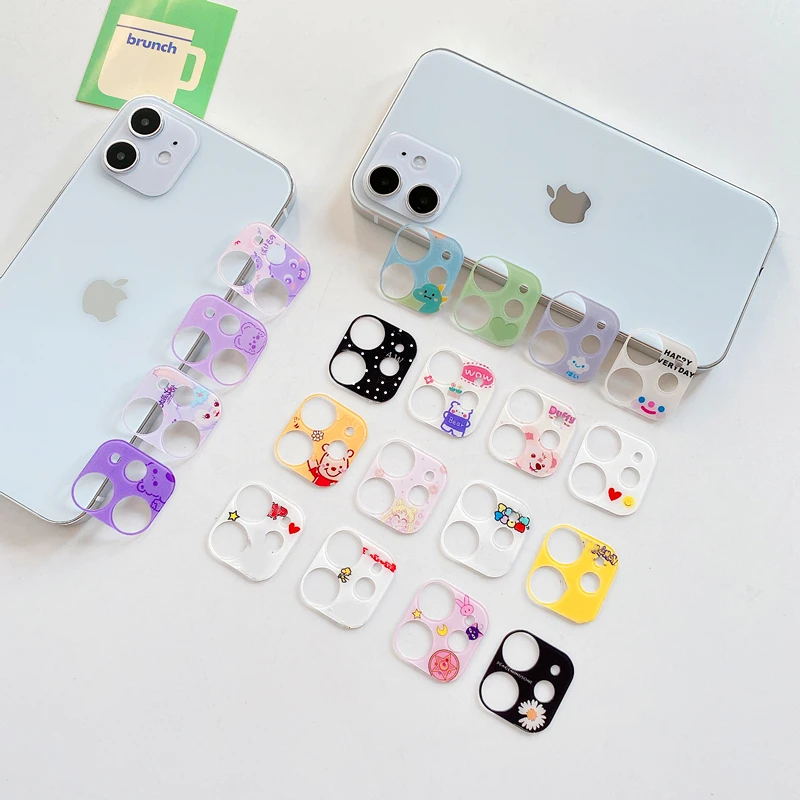 For iPhone 12 11 Pro Max Cute Cartoon Camera Lens Sticker Screen Protector Case Mini Lovely Tempered Glass Film Cover | Мобильные