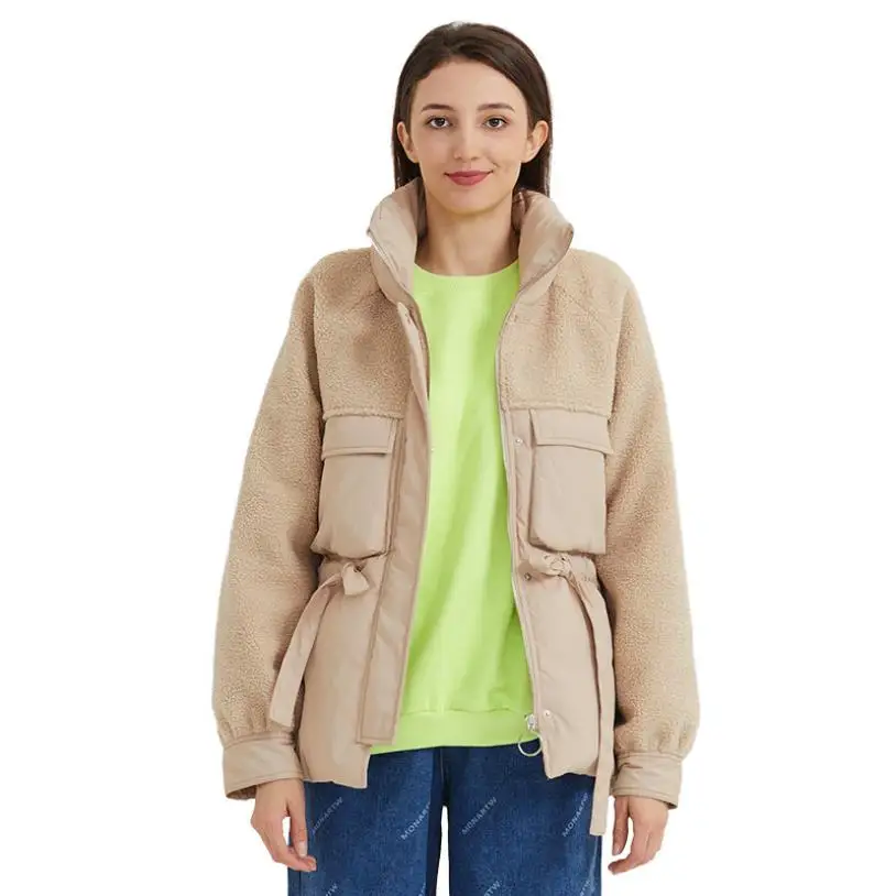 light khaki Новые зимние теплые пуховики женский дизайн зерна бархатное вышитое была тонкой со стоячим воротником куртка с затяжкой F78 - Цвет: light khaki
