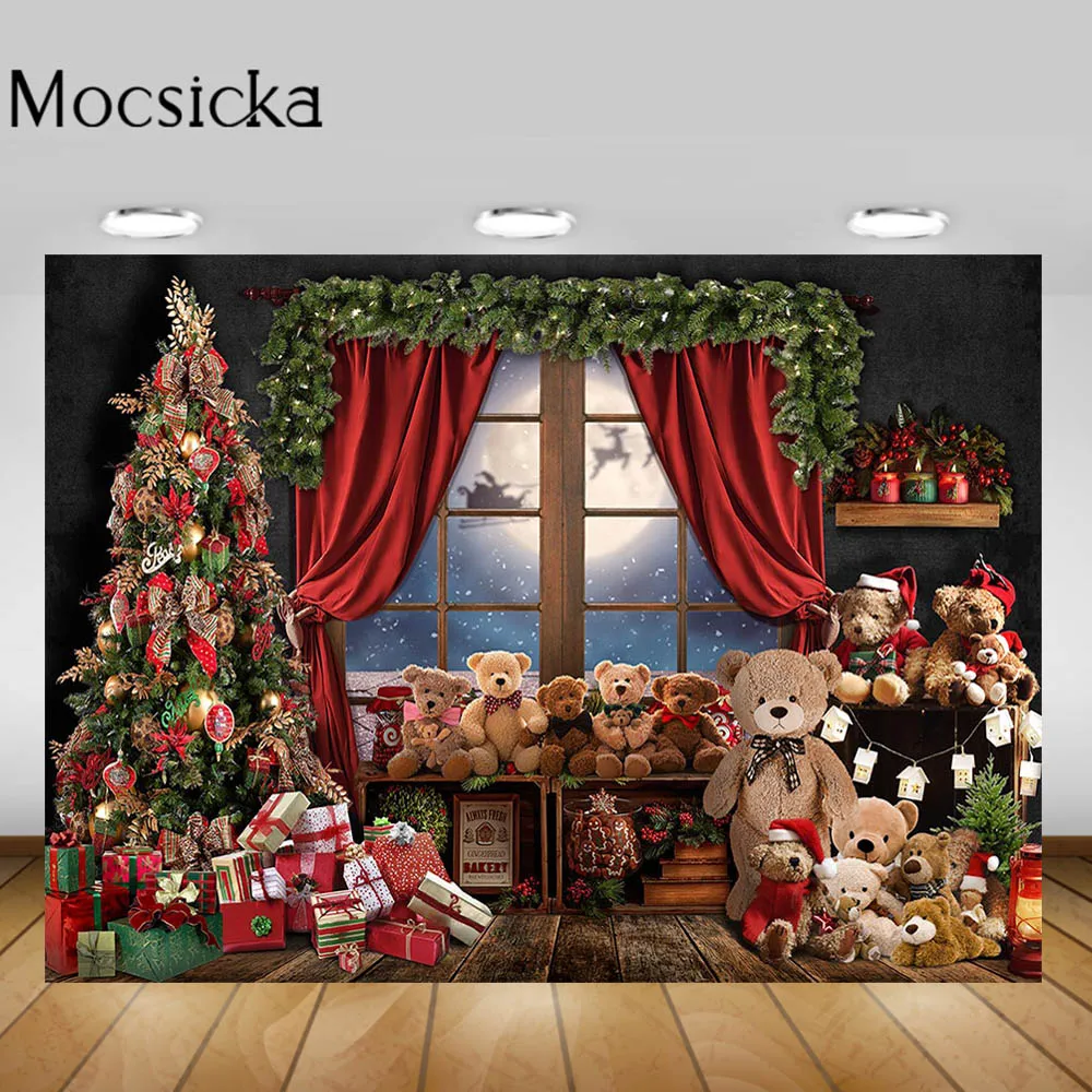 Mocsicka Christmas Backdrop Toys Bear Xmas Tree Gifts Wood Floor Photography Backgrounds Child Portrait Photo Shoot Window Moon |