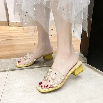 

2019 New Summer Ladies Slippers Square Mid Heels Sandals Female Transparent Rivet Pearl Slip On Party Shoes For Women Sandals
